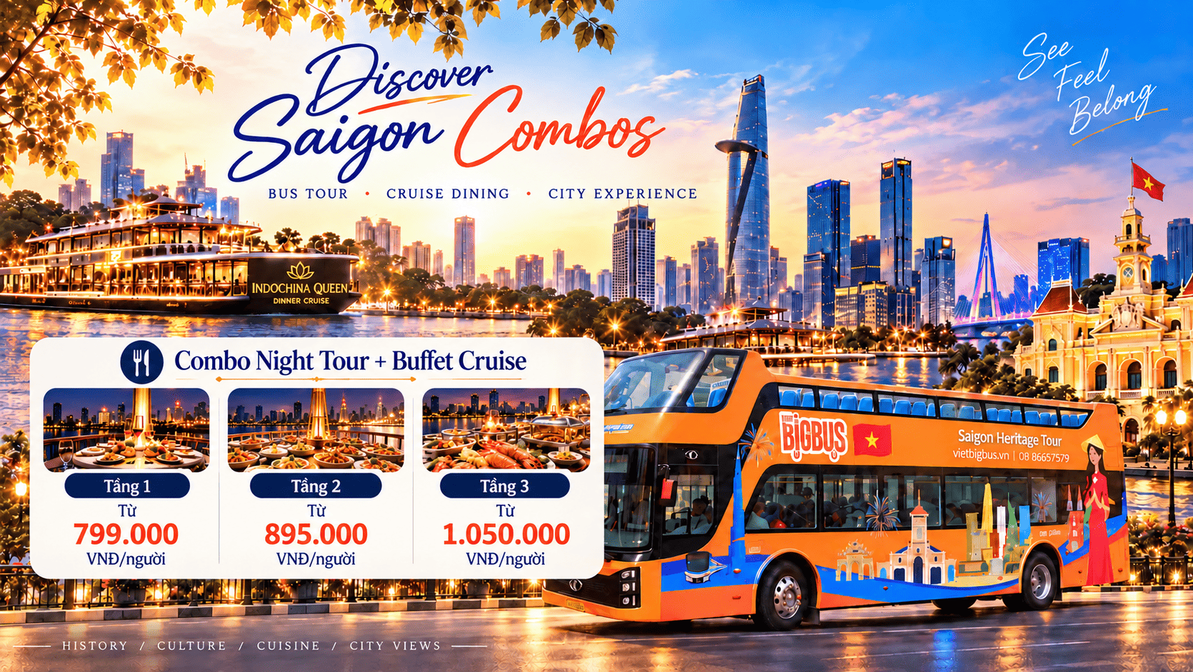 Viet BigBus: Combo Night Tour và Ăn Tối Trên Tàu Indochina Queen